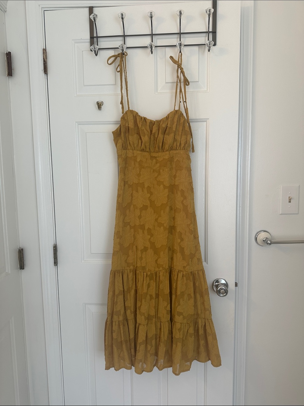 Lulu's Mustard Floral Jacquard Tie-Strap Midi Dress